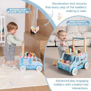 Wooden Baby Push Walker with Activity Cart and Play Accessories