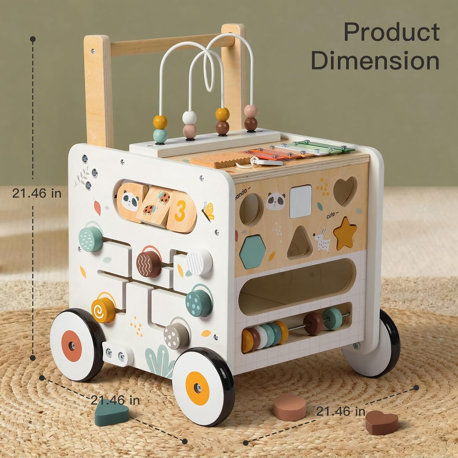Wooden Baby Push Walker with Activity Cube and Storage Compartment