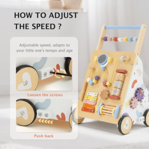 Wooden Baby Push Walker with Activity Center and Adjustable Handle