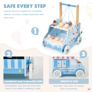 Wooden Baby Push Walker with Activity Cart and Play Accessories