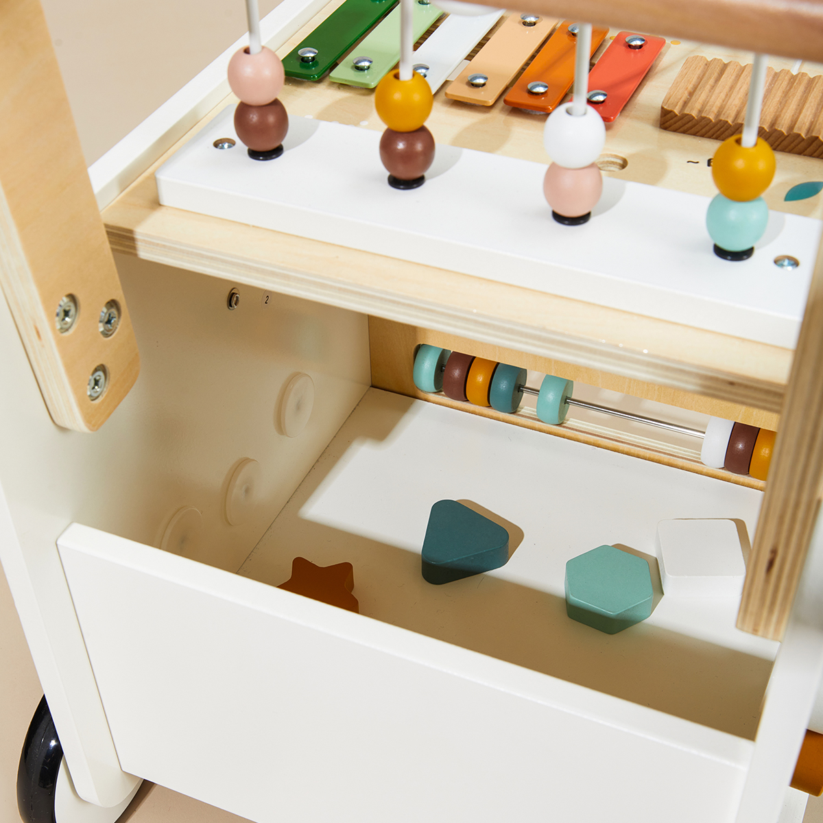 Wooden Baby Push Walker with Activity Cube and Storage Compartment