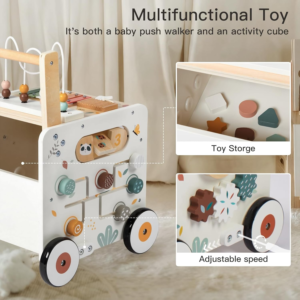 Wooden Baby Push Walker with Activity Cube and Storage Compartment