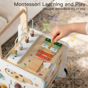 Wooden Baby Push Walker with Activity Cube and Storage Compartment