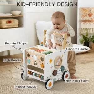 Wooden Baby Push Walker with Activity Cube and Storage Compartment