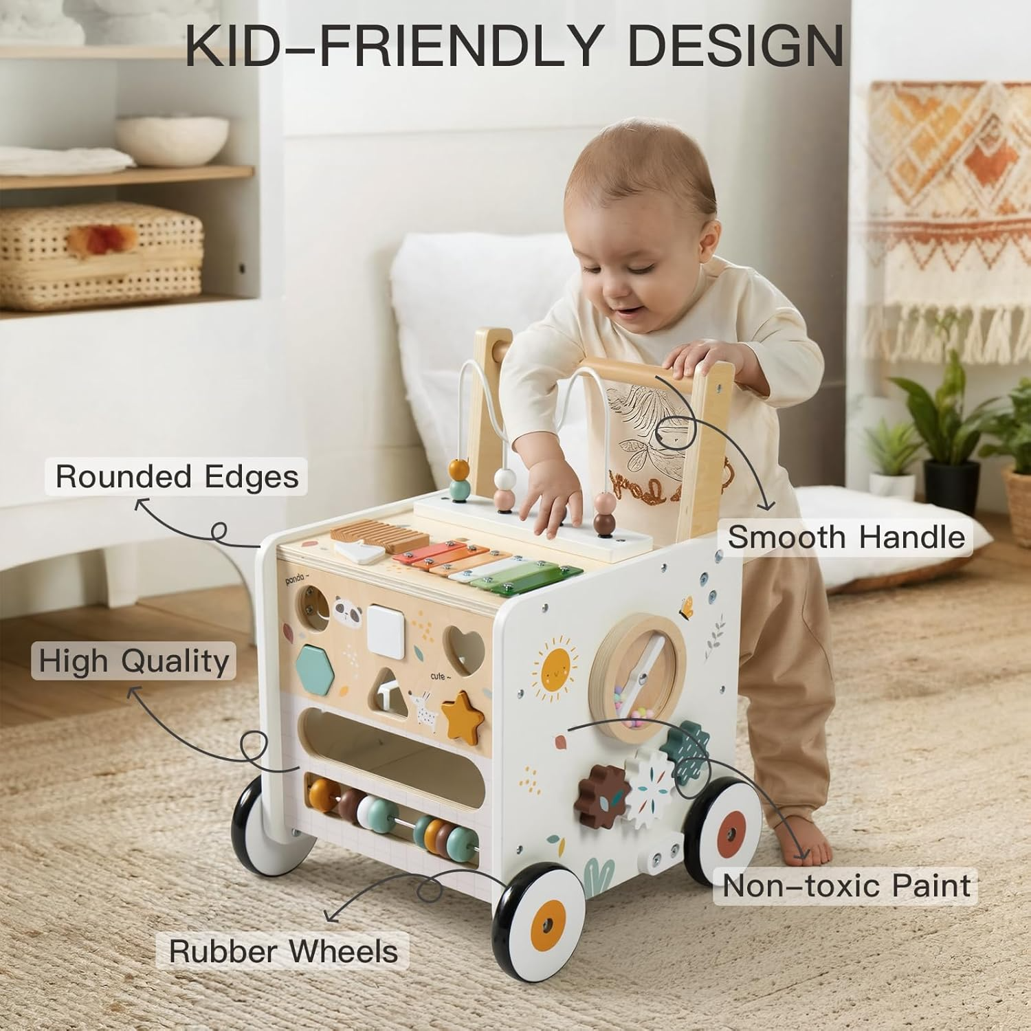 Wooden Baby Push Walker with Activity Cube and Storage Compartment