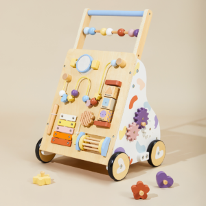 Wooden Baby Push Walker with Activity Center and Adjustable Handle