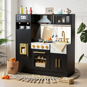 Wooden Play Kitchen Set with Interactive Appliances and Storage