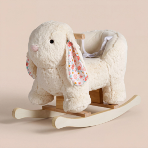 Plush Rabbit Rocking Toy with Wooden Base and Safety Seat