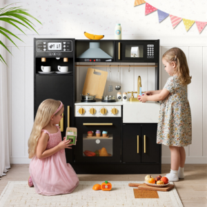 Wooden Play Kitchen Set with Interactive Appliances and Storage
