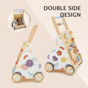 Wooden Baby Push Walker with Activity Center and Adjustable Handle