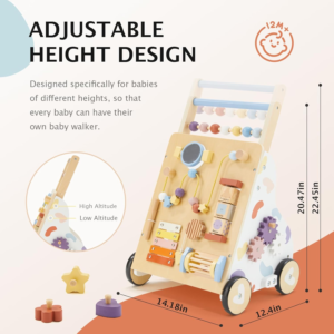 Wooden Baby Push Walker with Activity Center and Adjustable Handle