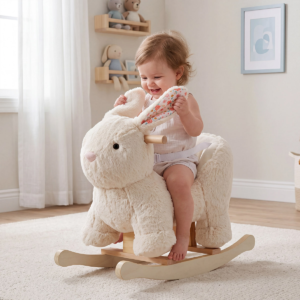 Plush Rabbit Rocking Toy with Wooden Base and Safety Seat