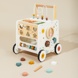 Wooden Baby Push Walker with Activity Cube and Storage Compartment