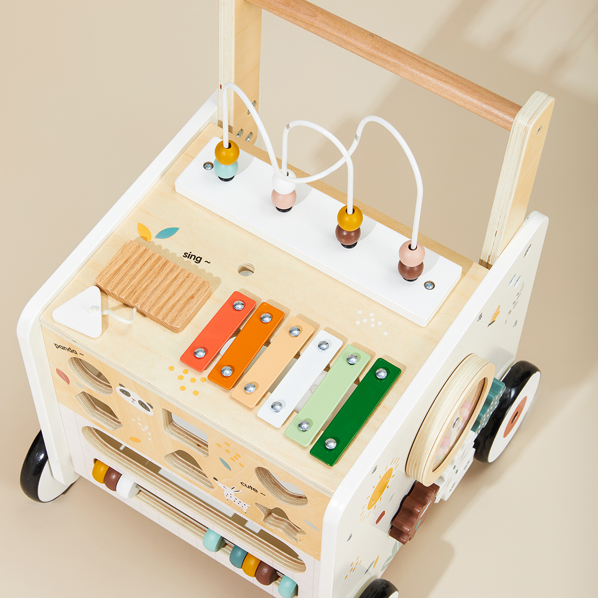 Wooden Baby Push Walker with Activity Cube and Storage Compartment